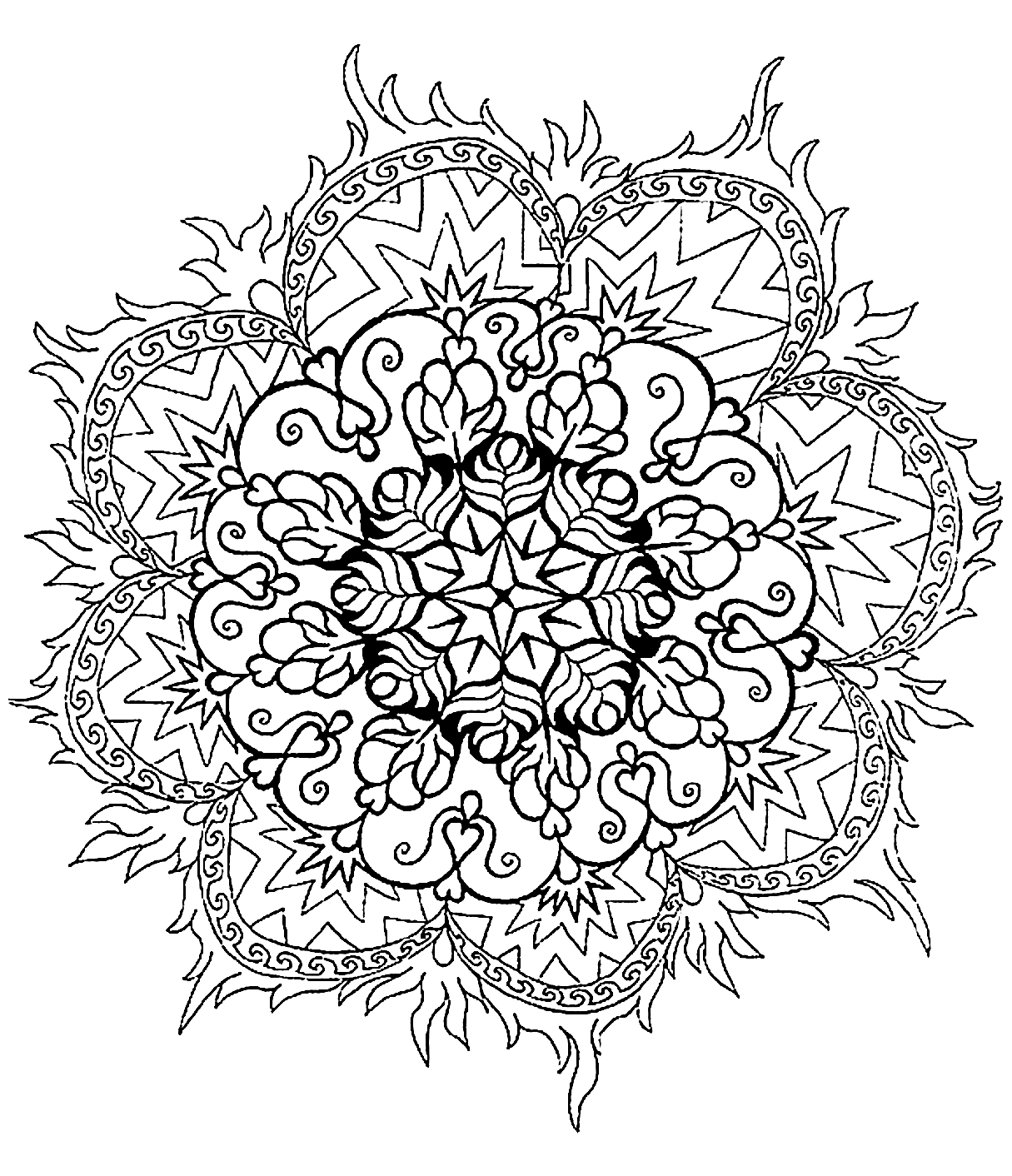 Coloriage de mandala avec plusieurs différents arcs de cercles ainsi qu'une très jolie fleur au centre de celui-ci. Difficile à colorier.